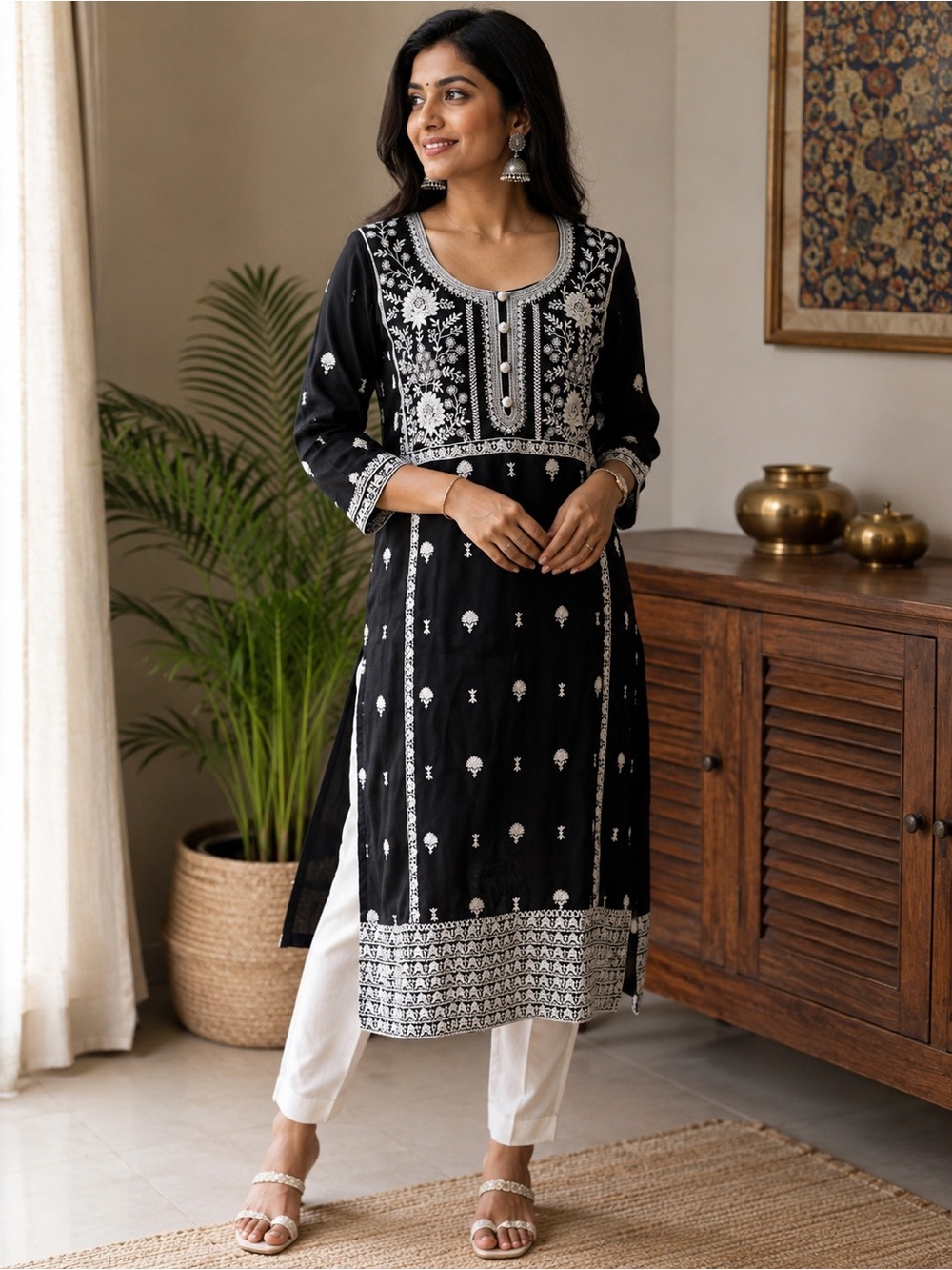 Black Embroidered Kurta Tunic with White Motifs